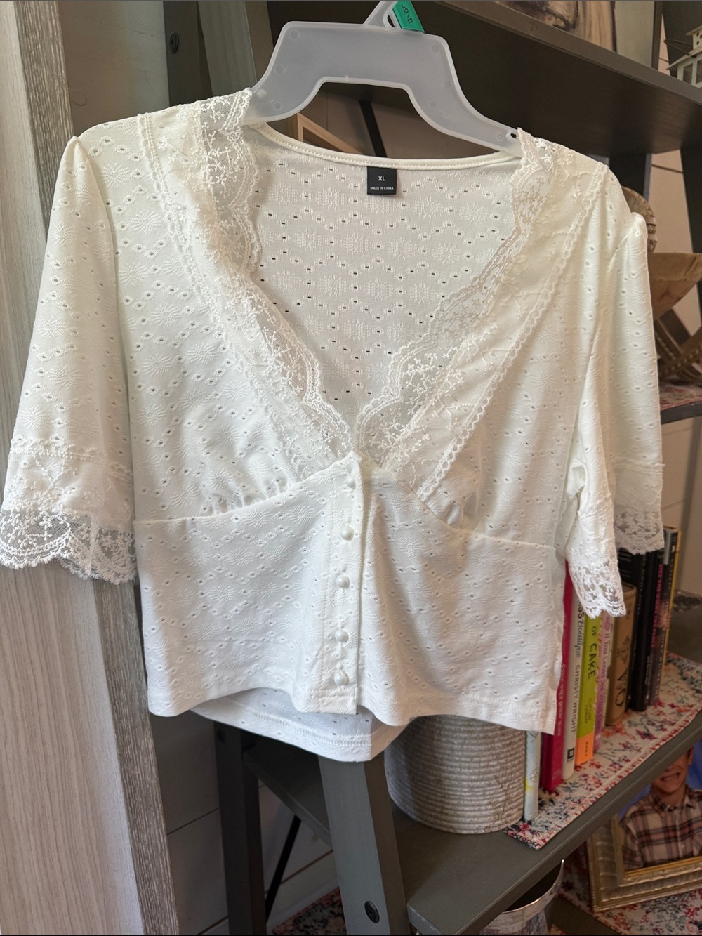 White Lace-Trim Eyelet Button-Front Blouse